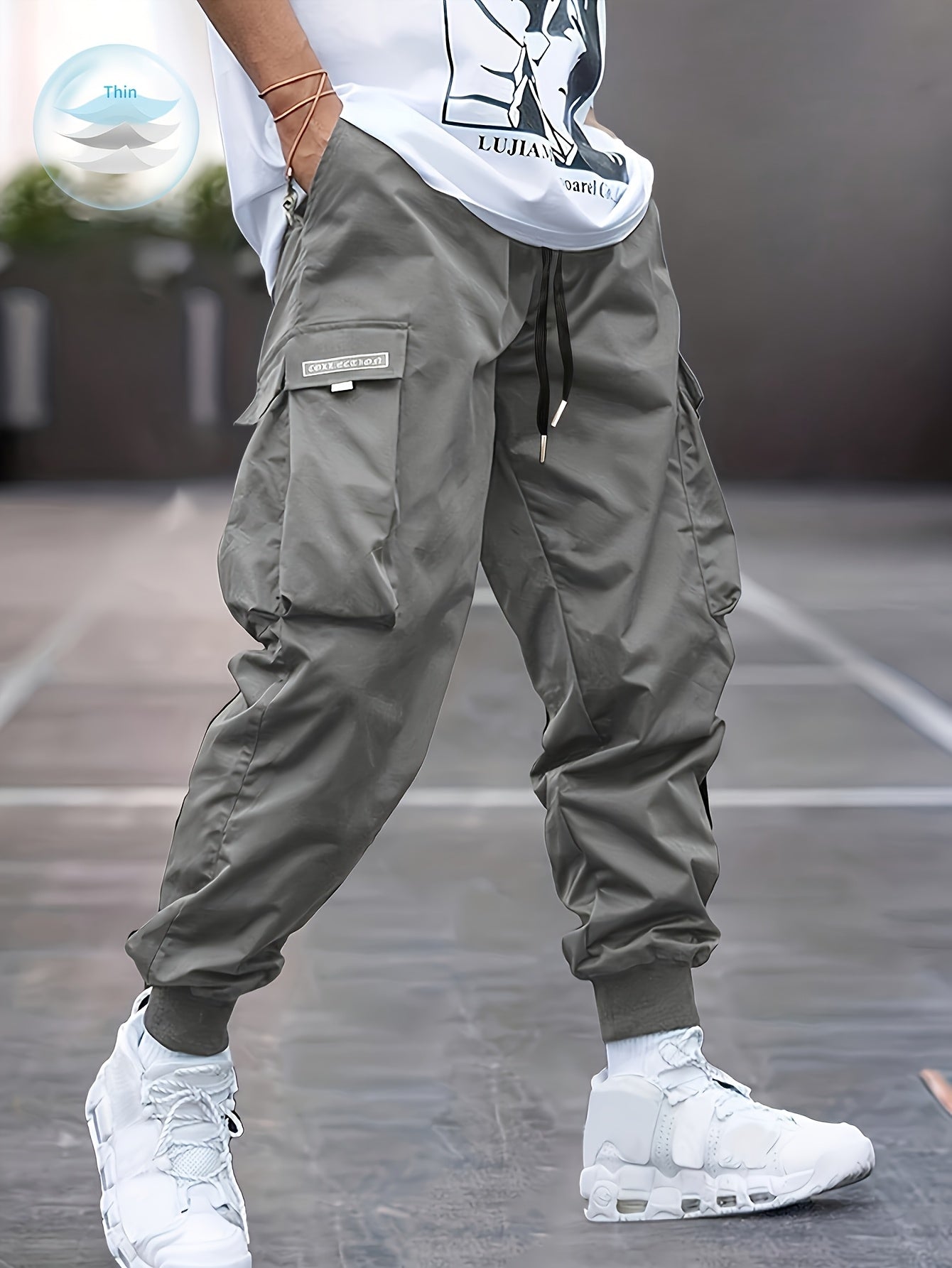Lightweight Design| Men's Olive Green Cargo Pants - Lightweight Polyester, Casual Style with Multiple Pockets and Drawstring Waist, Perfect for Spring/Fall, Spring Fall Attire|Drawstring Waistband|Smooth Texture Fabric - Snug & Style