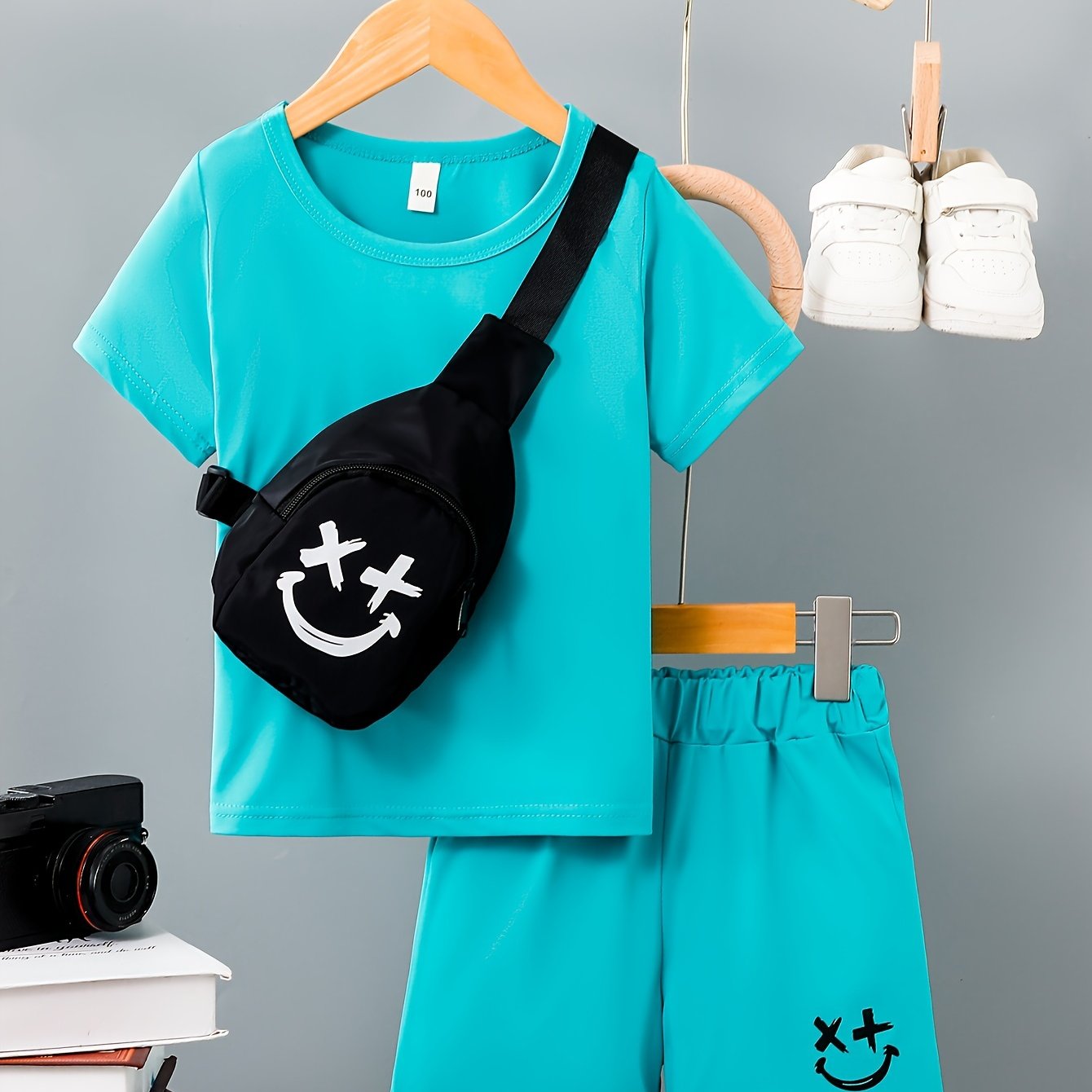 3-Pack Boys Trendy Summer Outfit - Soft Cotton Blend Solid T-shirts with Fun Smile Face Shorts & Handy Crossbody Bag - Comfortable, Lightweight, Perfect for Playtime - Snug & Style