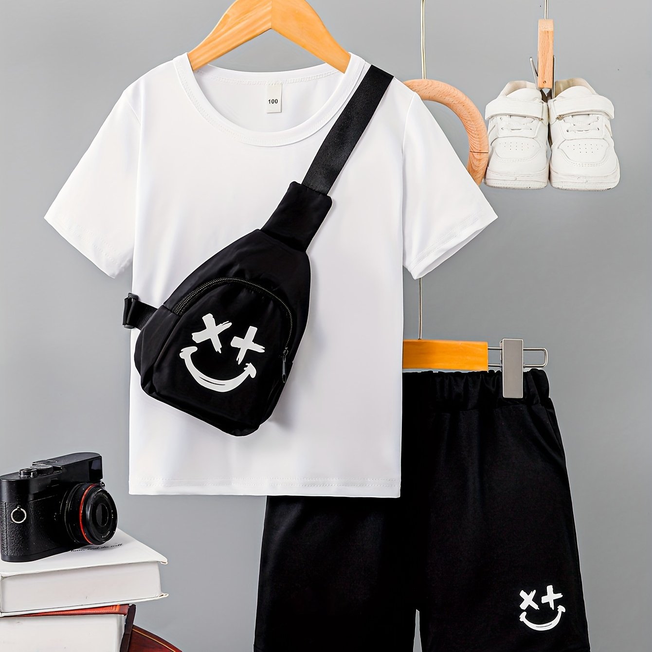 3-Pack Boys Trendy Summer Outfit - Soft Cotton Blend Solid T-shirts with Fun Smile Face Shorts & Handy Crossbody Bag - Comfortable, Lightweight, Perfect for Playtime - Snug & Style