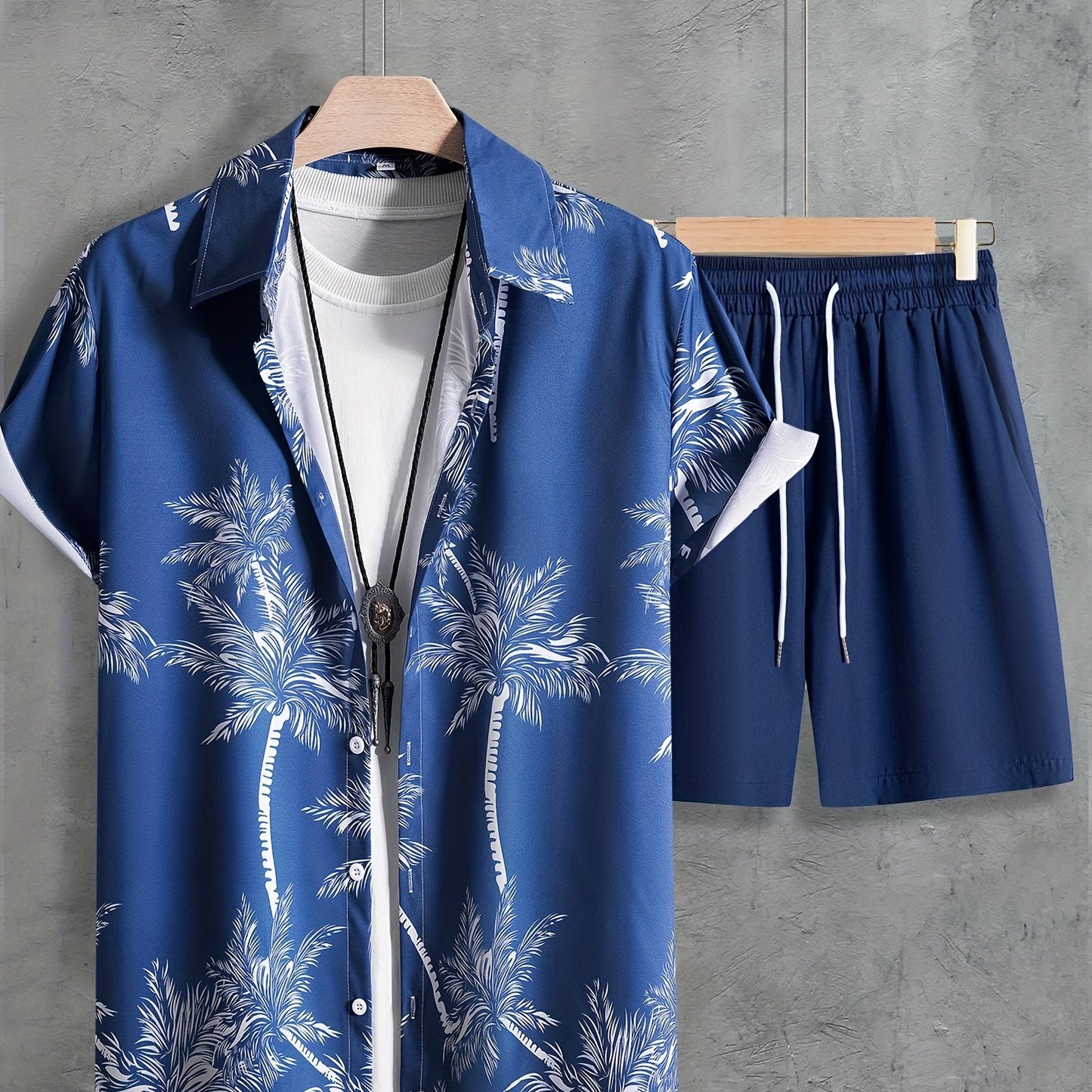 Coconut Tree Print, Men's 2Pcs Outfits, Casual Camp Collar Lapel Button Up Short Sleeve Shirts Hawaii Shirt And Drawstring Shorts Set For Summer, Men's Clothing - Snug & Style