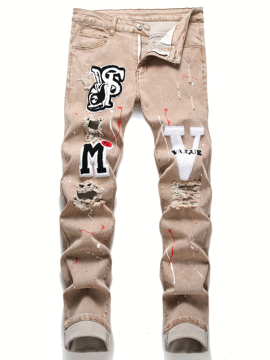 Mens Fashion Patchwork Splatter Jeans - Distressed Slim Fit High Stretch Denim Pants - Trendy Street Style for Spring Summer - Snug & Style