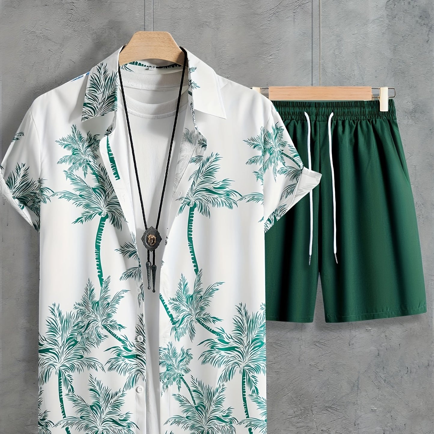 Coconut Tree Print, Men's 2Pcs Outfits, Casual Camp Collar Lapel Button Up Short Sleeve Shirts Hawaii Shirt And Drawstring Shorts Set For Summer, Men's Clothing - Snug & Style