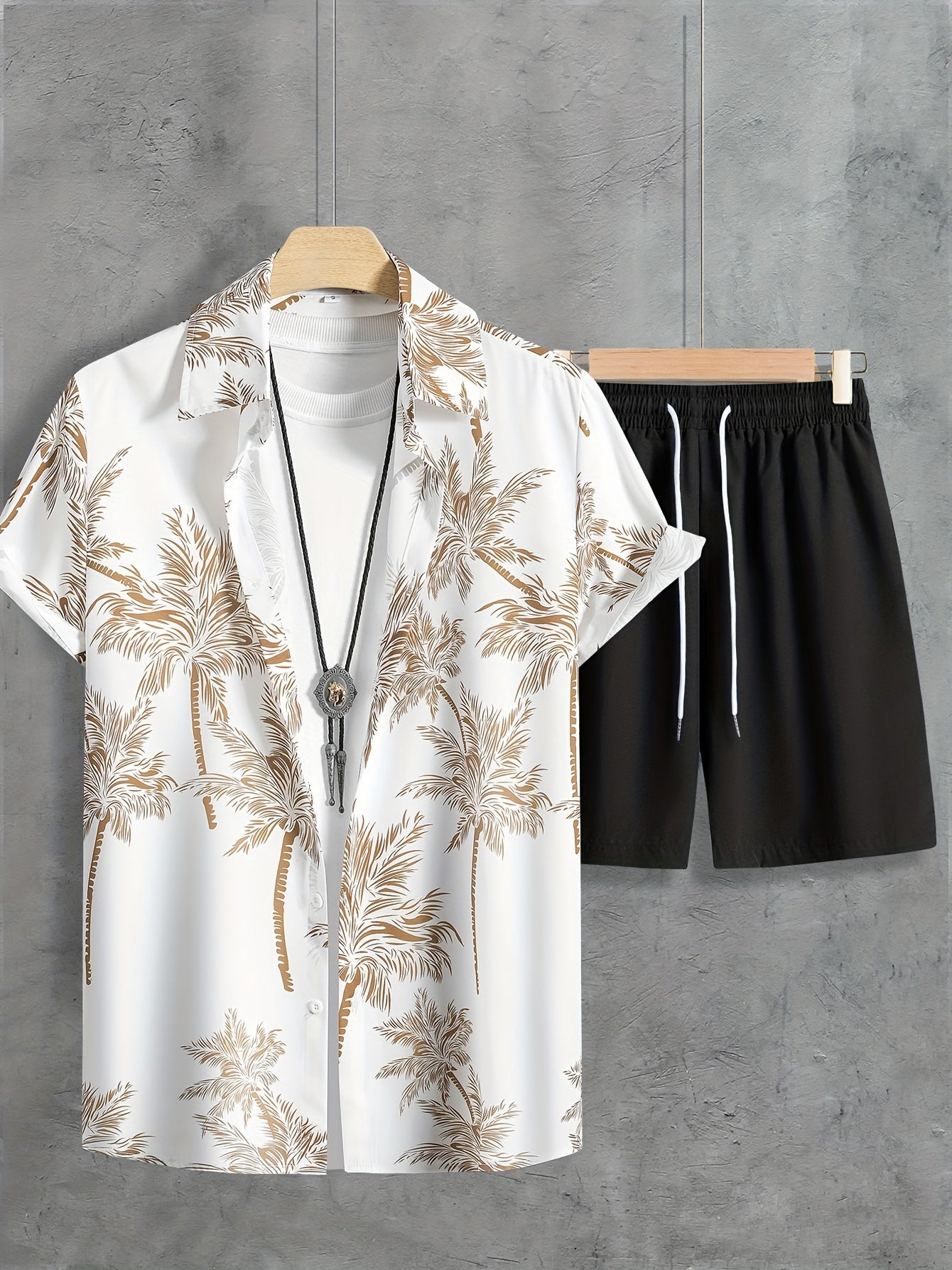 Coconut Tree Print, Men's 2Pcs Outfits, Casual Camp Collar Lapel Button Up Short Sleeve Shirts Hawaii Shirt And Drawstring Shorts Set For Summer, Men's Clothing - Snug & Style