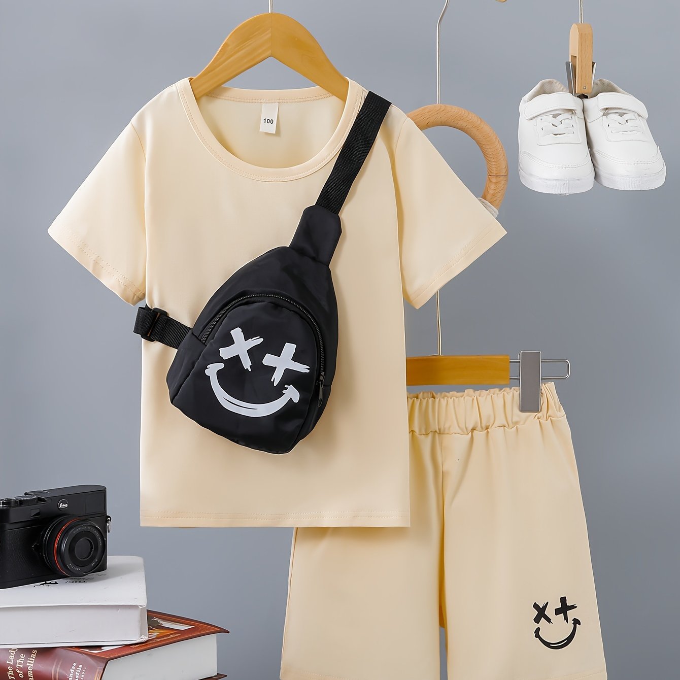 3-Pack Boys Trendy Summer Outfit - Soft Cotton Blend Solid T-shirts with Fun Smile Face Shorts & Handy Crossbody Bag - Comfortable, Lightweight, Perfect for Playtime - Snug & Style