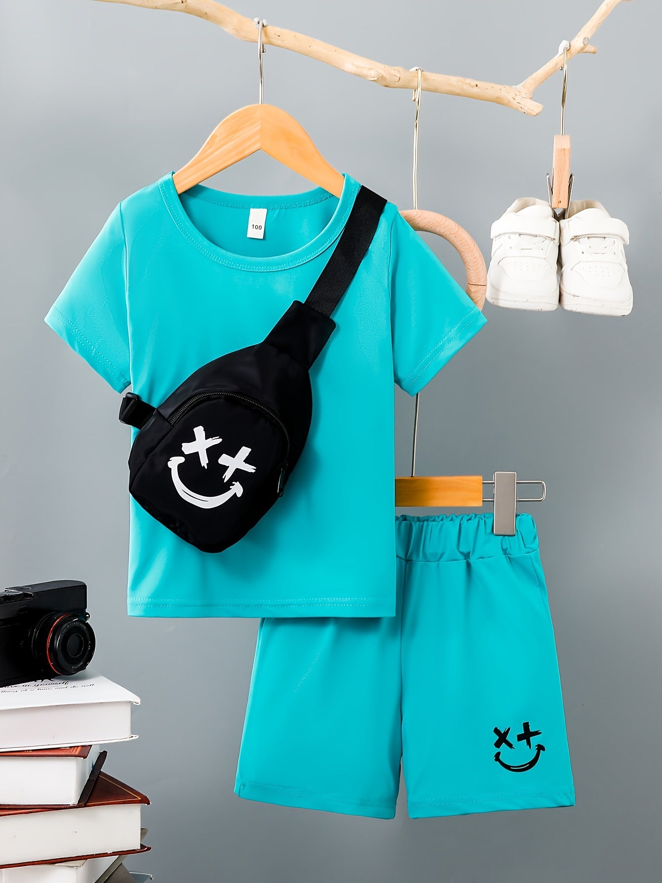 3-Pack Boys Trendy Summer Outfit - Soft Cotton Blend Solid T-shirts with Fun Smile Face Shorts & Handy Crossbody Bag - Comfortable, Lightweight, Perfect for Playtime - Snug & Style