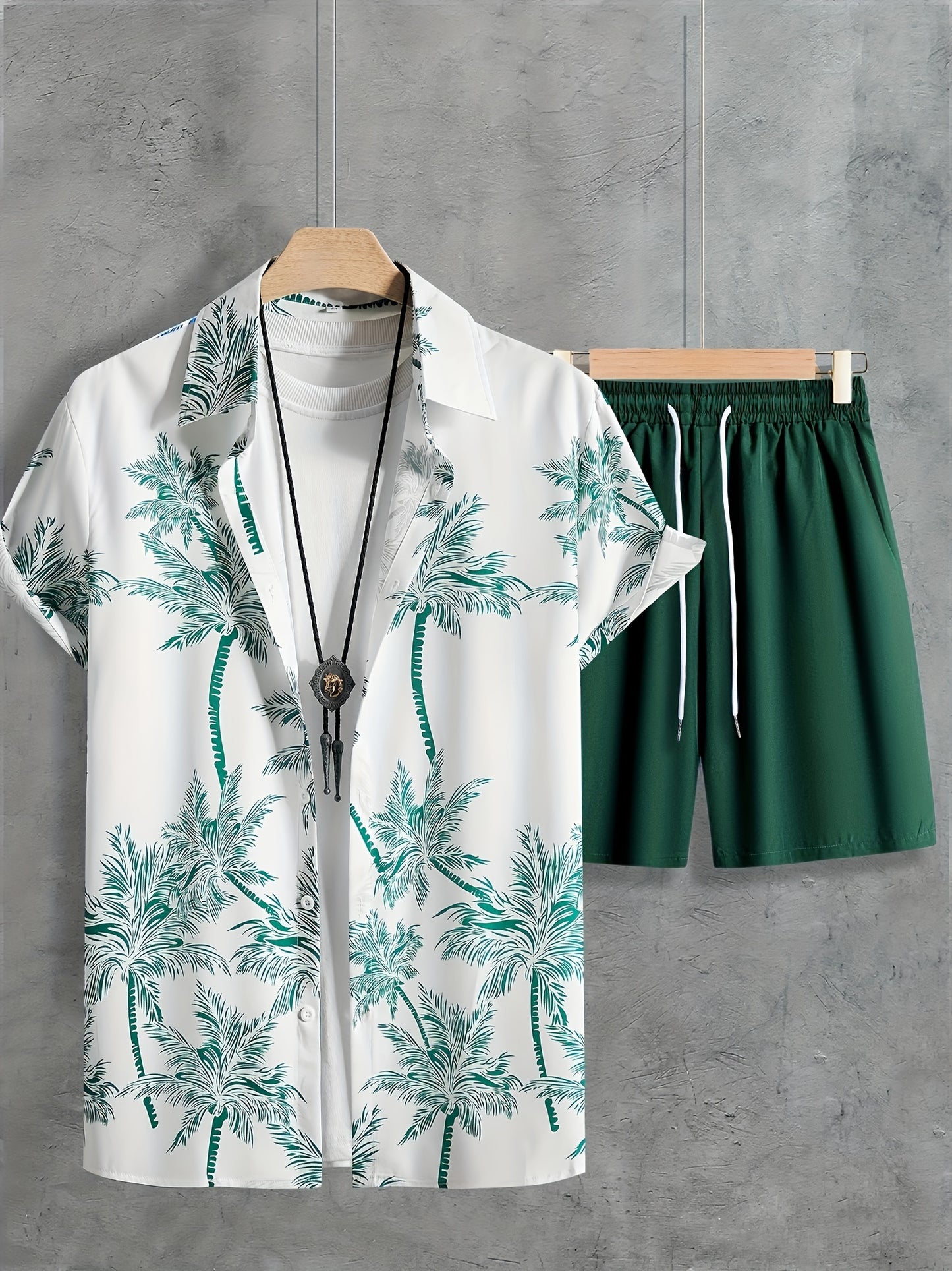 Coconut Tree Print, Men's 2Pcs Outfits, Casual Camp Collar Lapel Button Up Short Sleeve Shirts Hawaii Shirt And Drawstring Shorts Set For Summer, Men's Clothing - Snug & Style