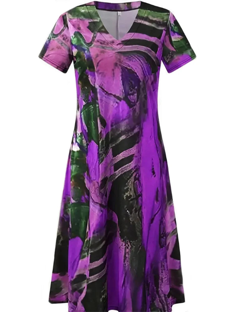 Plus Size 2024 Summer New Women's V-neck Short Sleeve Irregular Pattern Printed Casual Loose Summer Best Choice - Snug & Style