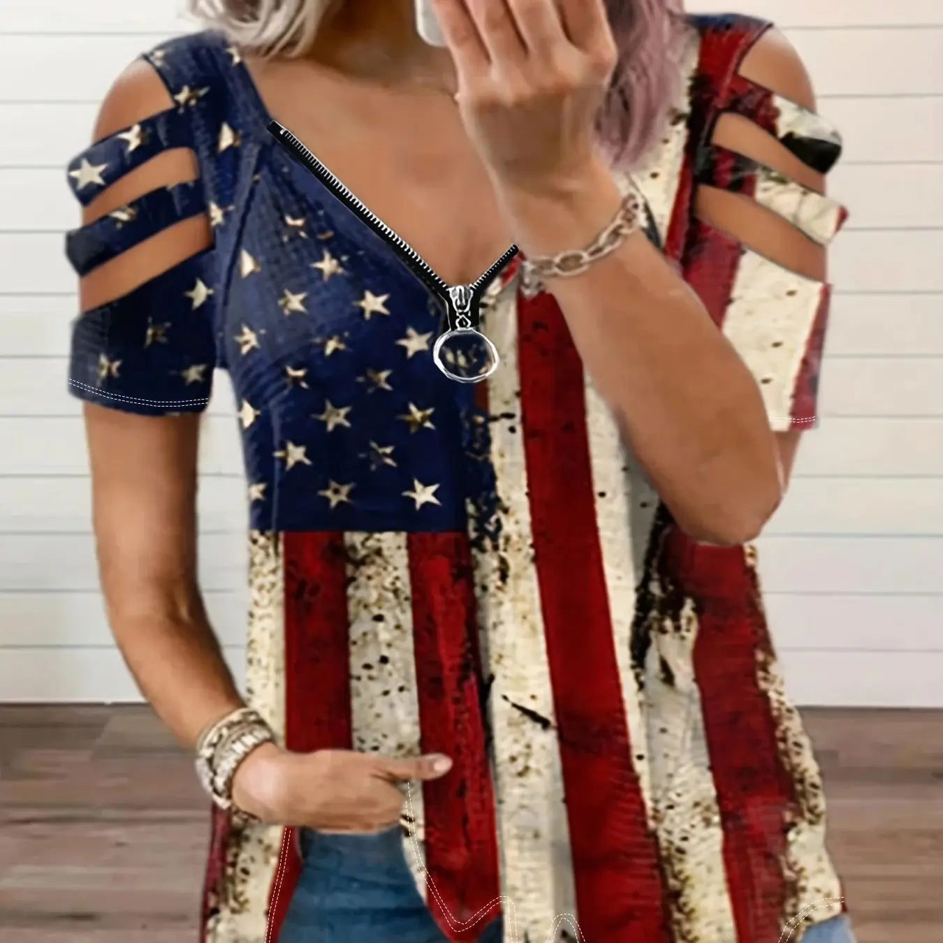 Plus Size Europe and the United States and The United States Cross Border New Women's Printed V-neck Casual T-shirt - Snug & Style