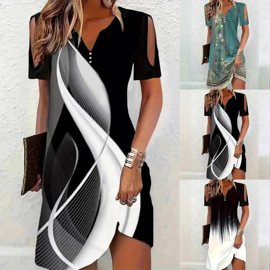 Dresses For Women Summer Casual Plus Size Women Fashion Printed V Neck Cut Out Sleeve Short Sleeved Casual Button платье женское - Snug & Style