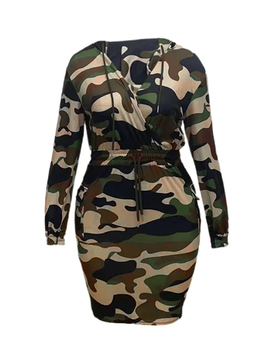 LW Plus Size Camo Print Side Pocket Design Cargo Dress 2023 Women Autumn & Winter Hooded Collar Full Print Knee Length Dresses - Snug & Style