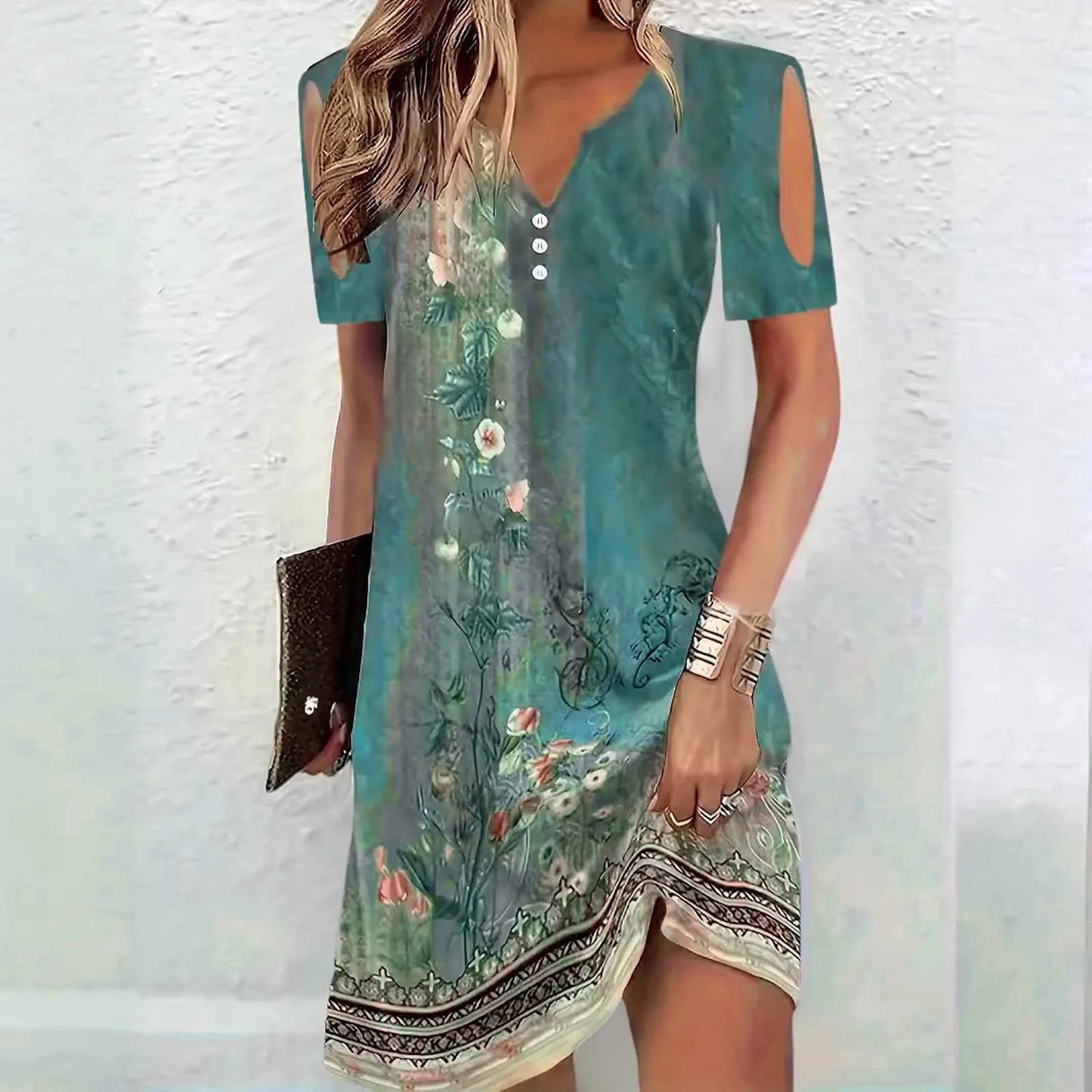 Dresses For Women Summer Casual Plus Size Women Fashion Printed V Neck Cut Out Sleeve Short Sleeved Casual Button платье женское - Snug & Style
