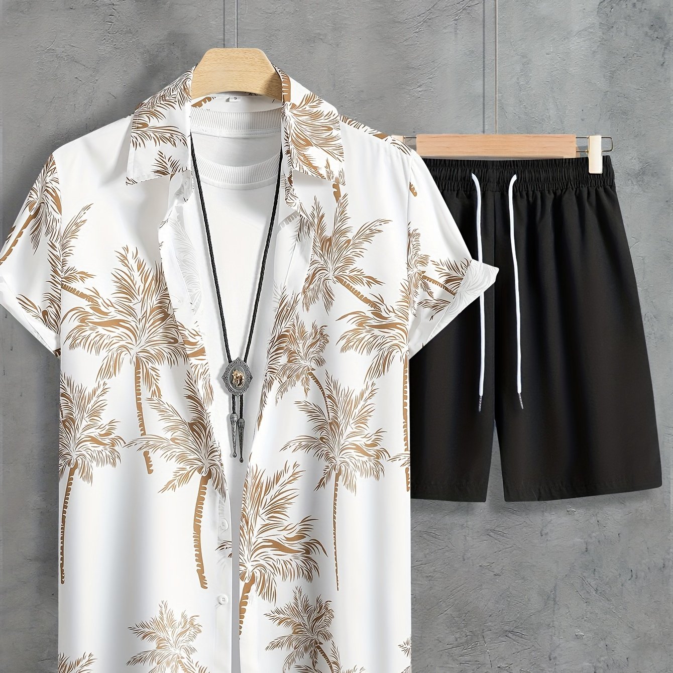 Coconut Tree Print, Men's 2Pcs Outfits, Casual Camp Collar Lapel Button Up Short Sleeve Shirts Hawaii Shirt And Drawstring Shorts Set For Summer, Men's Clothing - Snug & Style