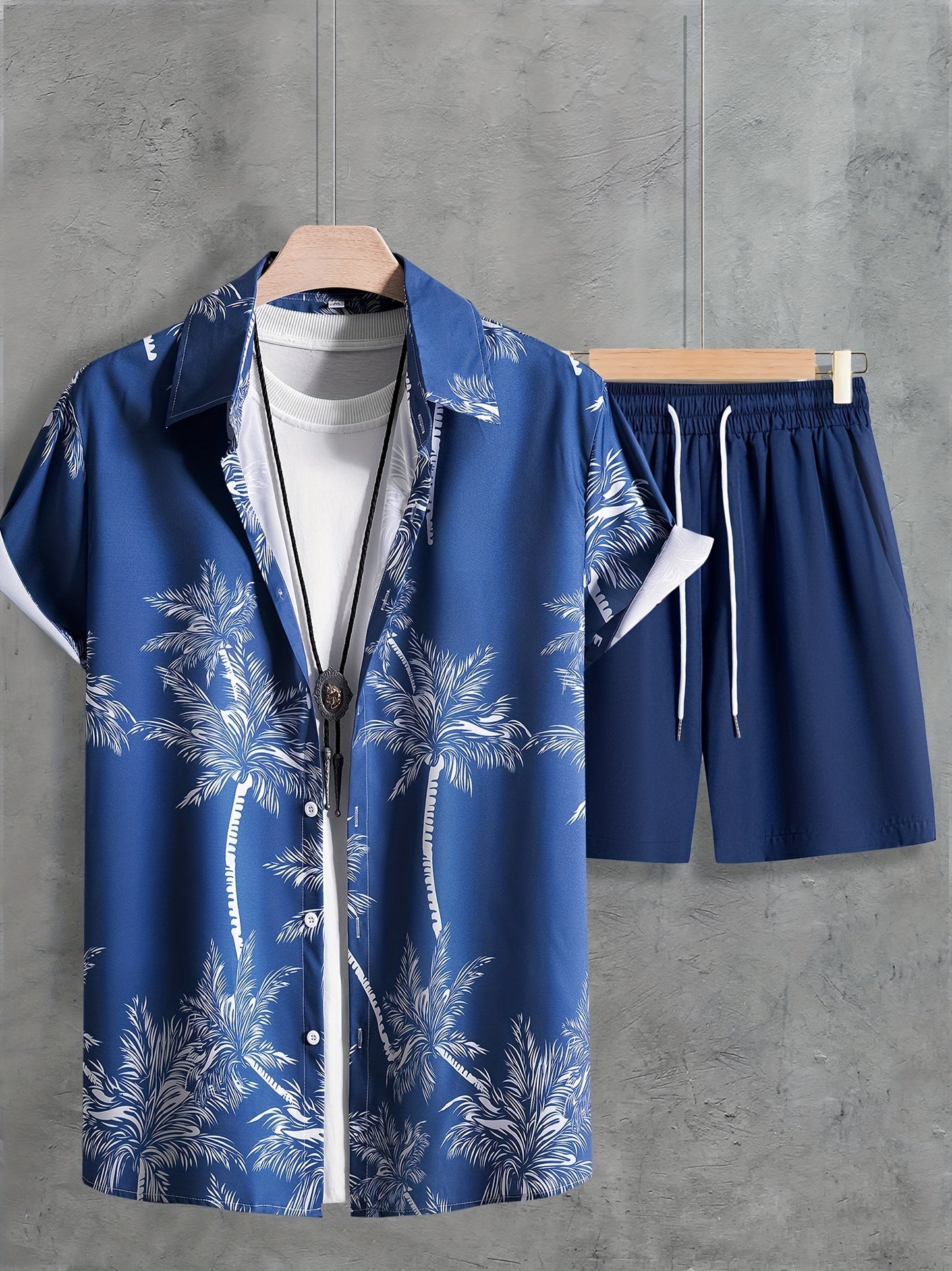 Coconut Tree Print, Men's 2Pcs Outfits, Casual Camp Collar Lapel Button Up Short Sleeve Shirts Hawaii Shirt And Drawstring Shorts Set For Summer, Men's Clothing - Snug & Style