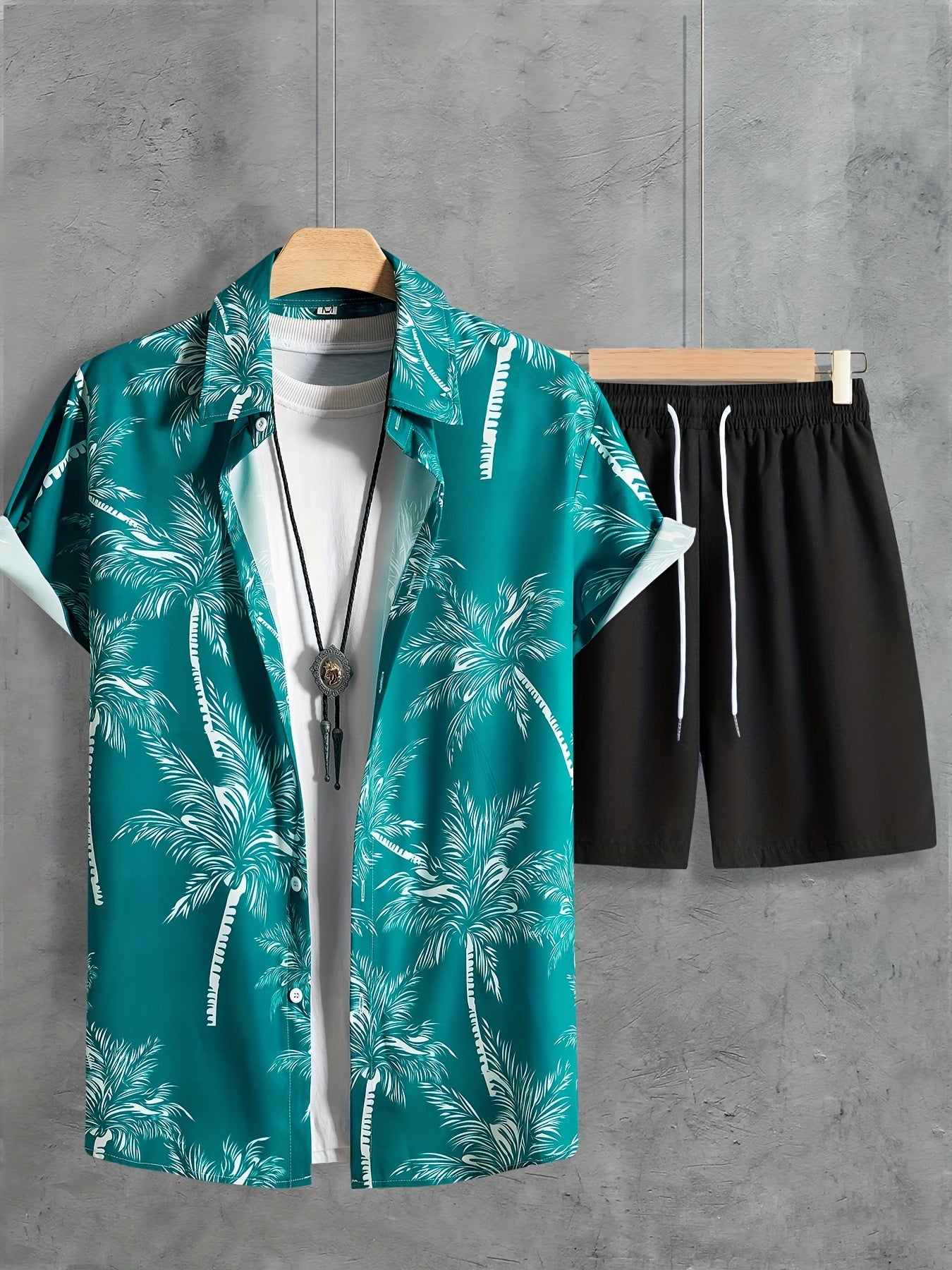 Coconut Tree Print, Men's 2Pcs Outfits, Casual Camp Collar Lapel Button Up Short Sleeve Shirts Hawaii Shirt And Drawstring Shorts Set For Summer, Men's Clothing - Snug & Style