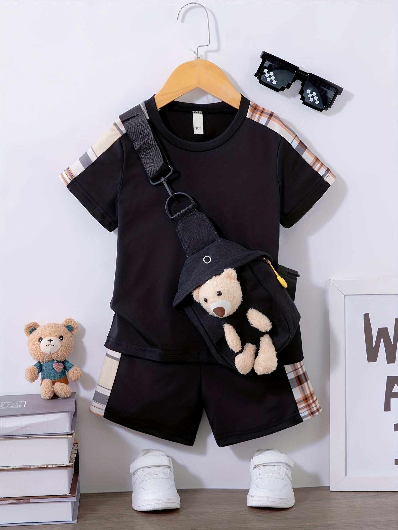 3-Pack Boys Trendy Summer Outfit - Soft Cotton Blend Solid T-shirts with Fun Smile Face Shorts & Handy Crossbody Bag - Comfortable, Lightweight, Perfect for Playtime - Snug & Style