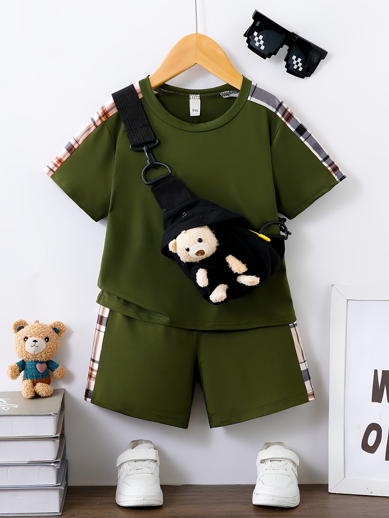 3-Pack Boys Trendy Summer Outfit - Soft Cotton Blend Solid T-shirts with Fun Smile Face Shorts & Handy Crossbody Bag - Comfortable, Lightweight, Perfect for Playtime - Snug & Style