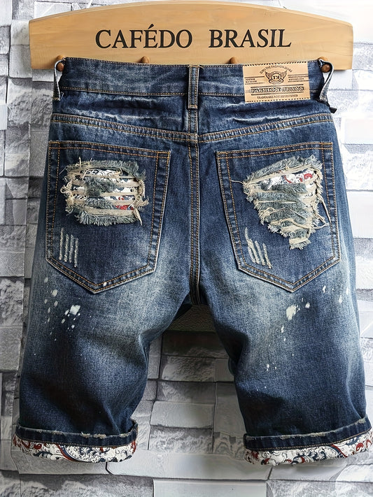 Mens Fashion-Forward Ripped Denim Shorts - Comfortably Loose Fit, Timeless Solid Hue with Trendy Distressed Details, Packed with Practical Pockets, Super Breathable for Summer Outdoor Adventures - Snug & Style