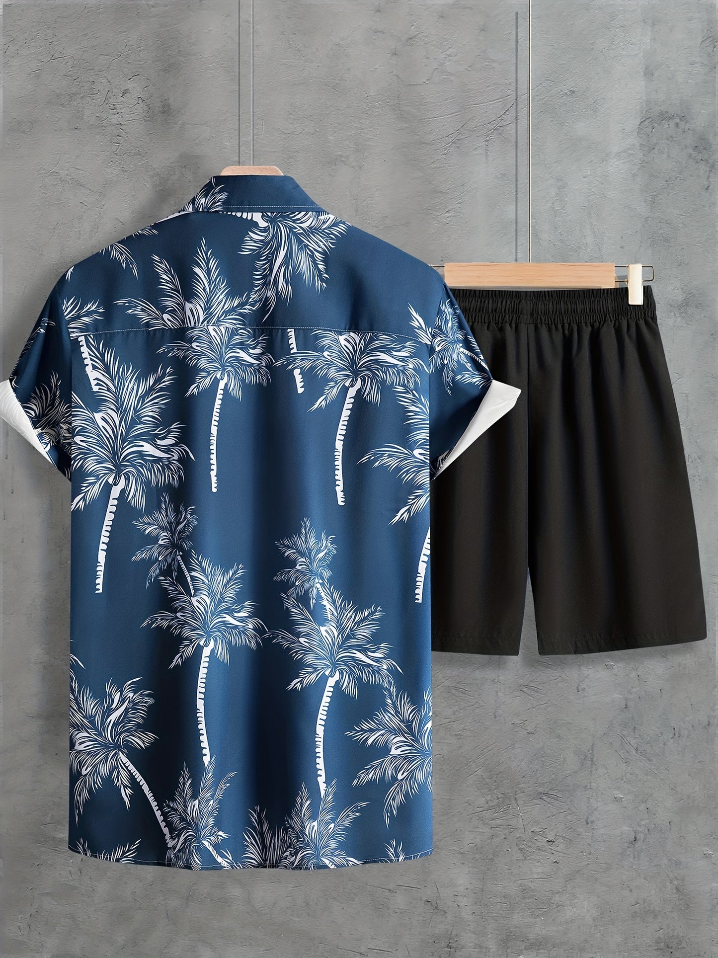 Coconut Tree Print, Men's 2Pcs Outfits, Casual Camp Collar Lapel Button Up Short Sleeve Shirts Hawaii Shirt And Drawstring Shorts Set For Summer, Men's Clothing - Snug & Style