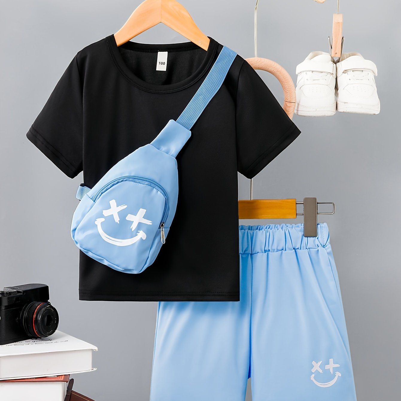 3-Pack Boys Trendy Summer Outfit - Soft Cotton Blend Solid T-shirts with Fun Smile Face Shorts & Handy Crossbody Bag - Comfortable, Lightweight, Perfect for Playtime - Snug & Style