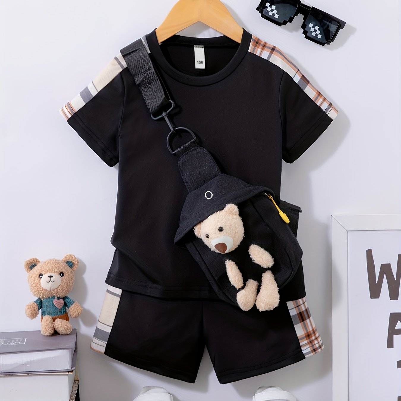 3-Pack Boys Trendy Summer Outfit - Soft Cotton Blend Solid T-shirts with Fun Smile Face Shorts & Handy Crossbody Bag - Comfortable, Lightweight, Perfect for Playtime - Snug & Style