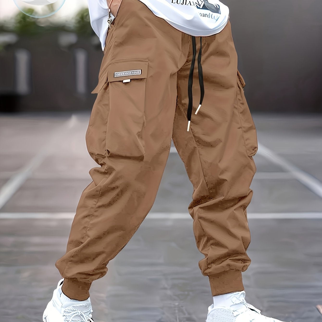 Lightweight Design| Men's Olive Green Cargo Pants - Lightweight Polyester, Casual Style with Multiple Pockets and Drawstring Waist, Perfect for Spring/Fall, Spring Fall Attire|Drawstring Waistband|Smooth Texture Fabric - Snug & Style