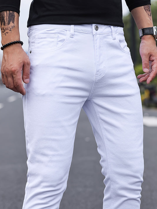 Mid Stretch Slim Fit Jeans, Men's Casual Street Style Contrast Stitching Denim Pants For Spring Summer - Snug & Style