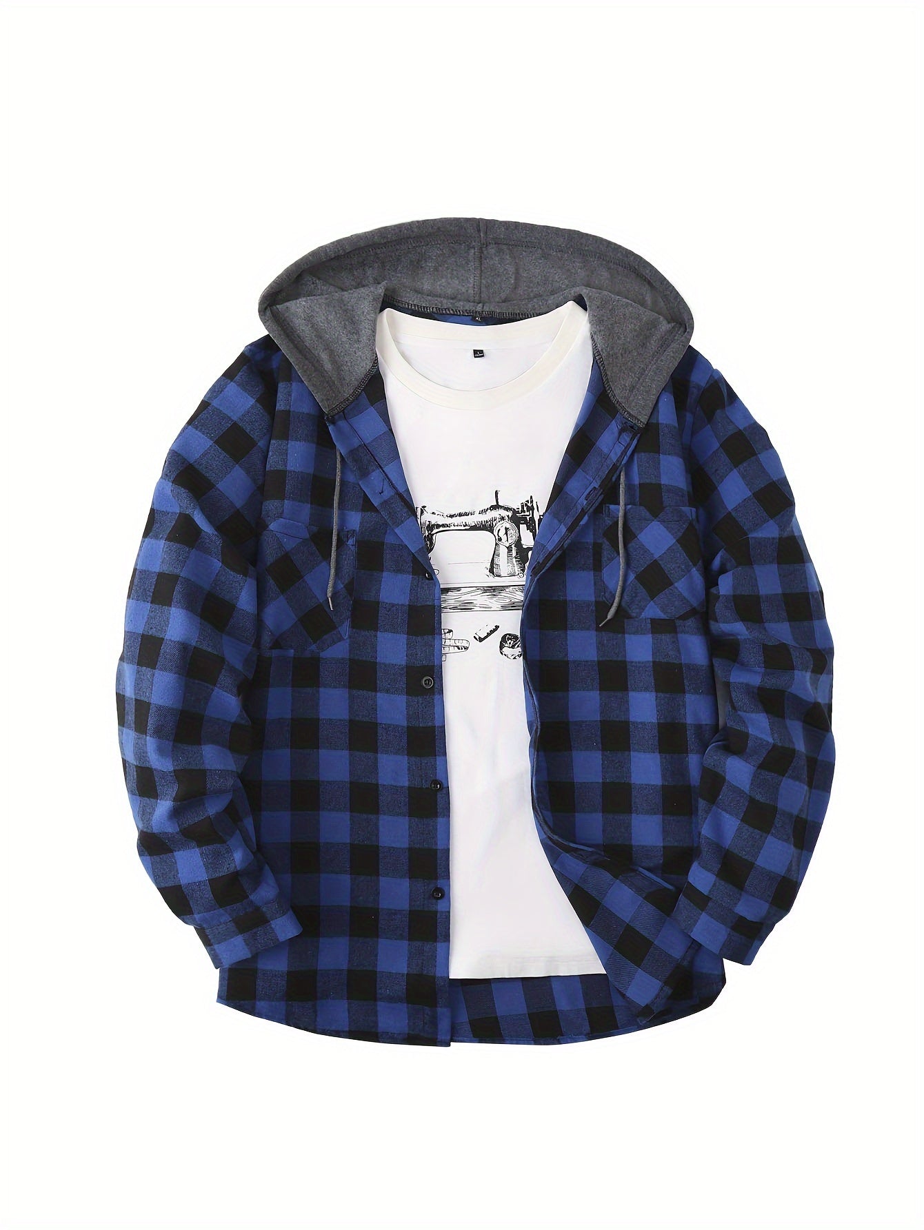 Long Sleeve Casual Regular Fit Button Up Hooded Shirts Jacket, Plaid Shirt Coat For Men - Snug & Style