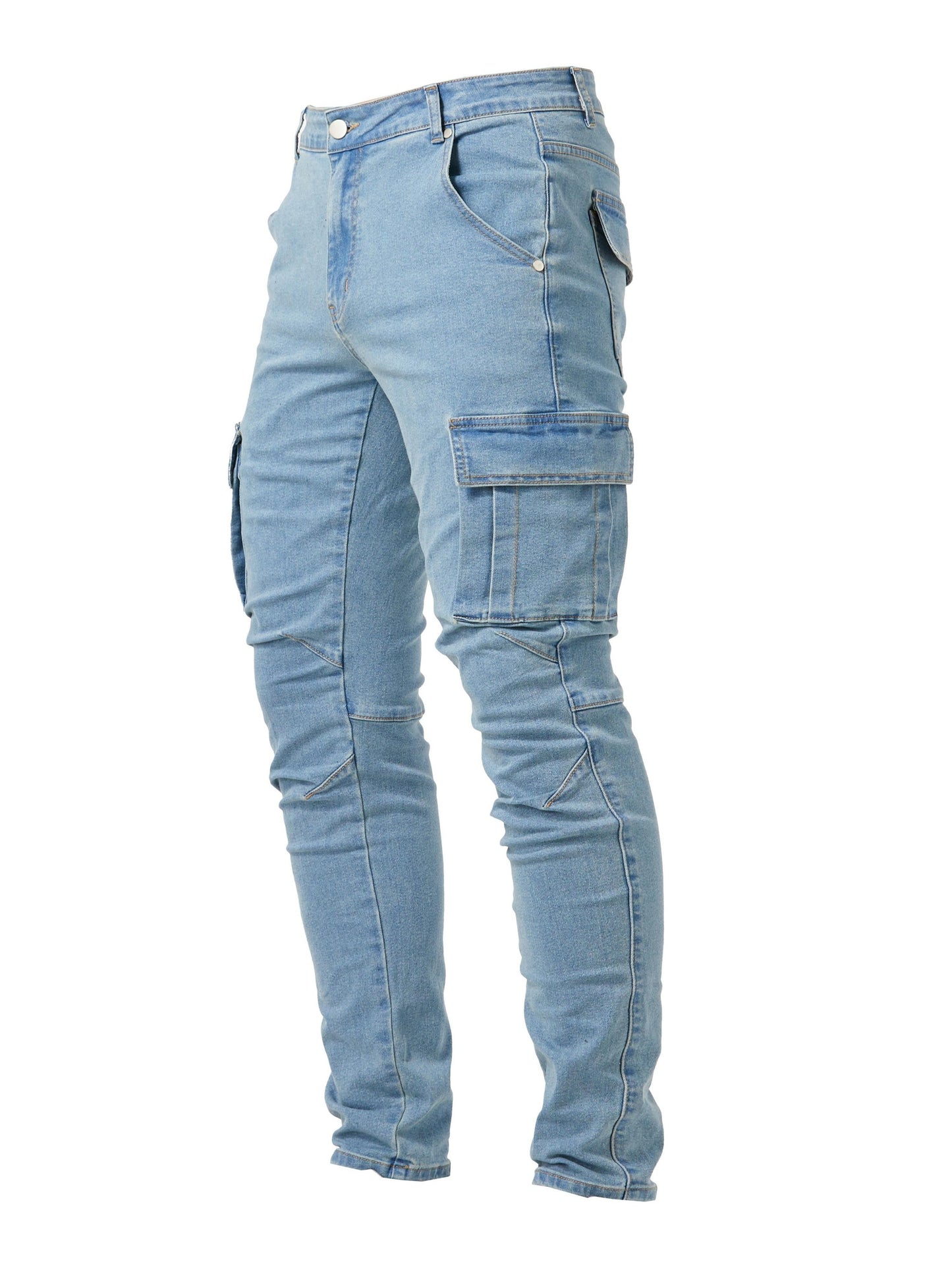Slim Fit Cargo Jeans, Men's Casual Street Style Multi Pocket High Stretch Denim Pants For Spring Summer - Snug & Style