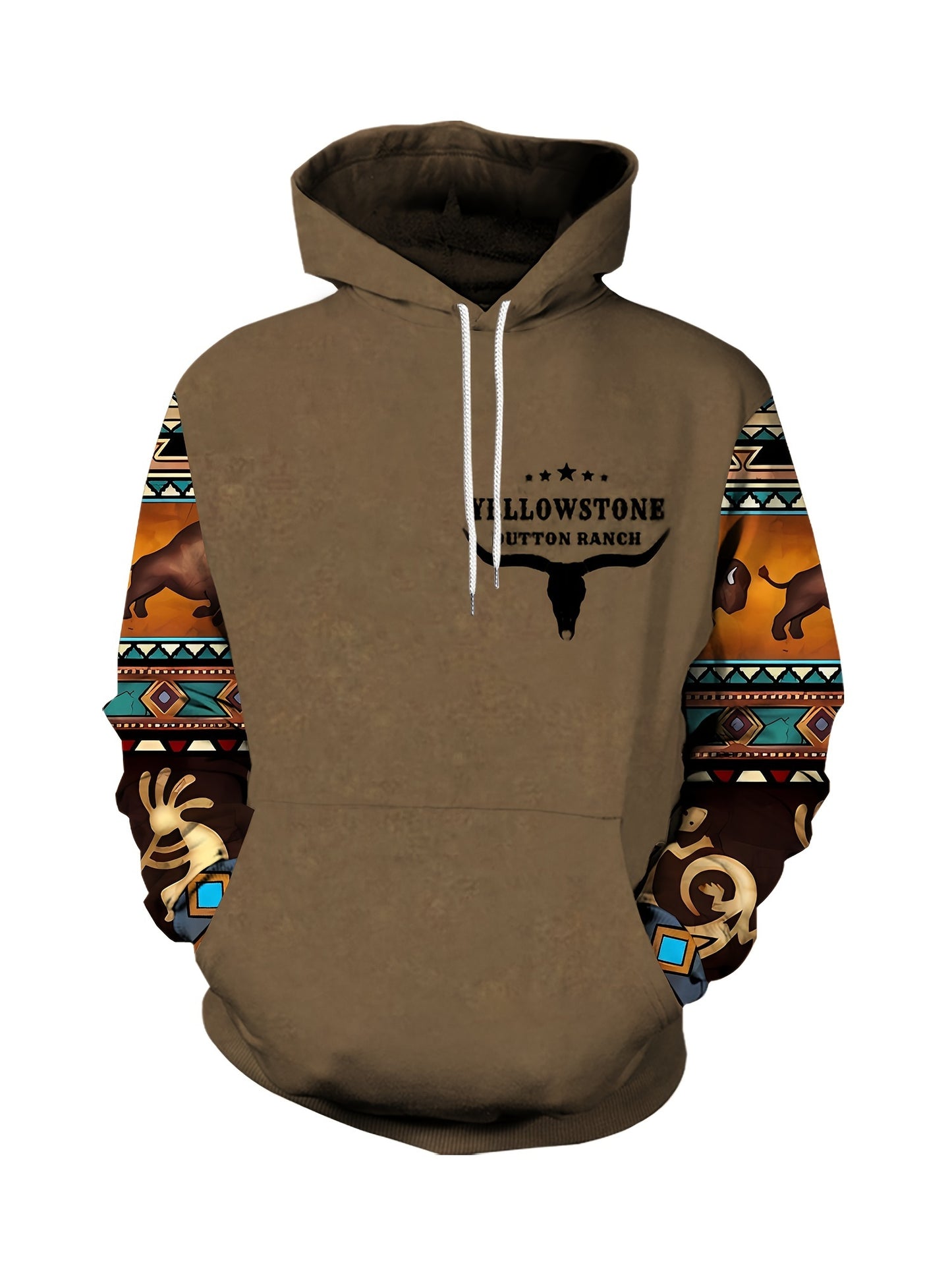 Plus Size Mens Fashion Hoodie with Bold Ethnic Prints & Intricate Bull Skull Design - Warm, Stylish Sweatshirt for Fall Winter - Comfortable Mens Apparel - Snug & Style