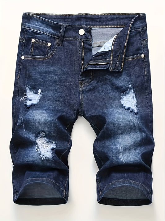 Mens Fashion Ripped Denim Shorts - Comfortable Slim Fit, Flexible Stretch, Trendy Distressed Style, Perfect for Casual Summer Days - Mens Jorts - Snug & Style