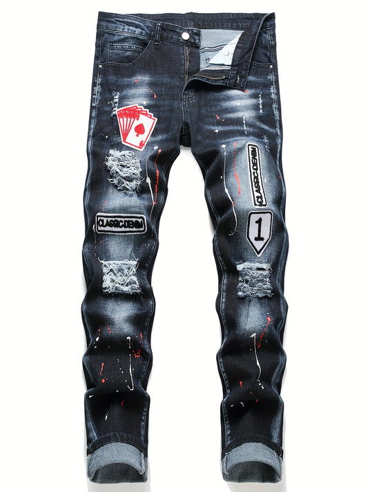 Mens Fashion Patchwork Splatter Jeans - Distressed Slim Fit High Stretch Denim Pants - Trendy Street Style for Spring Summer - Snug & Style
