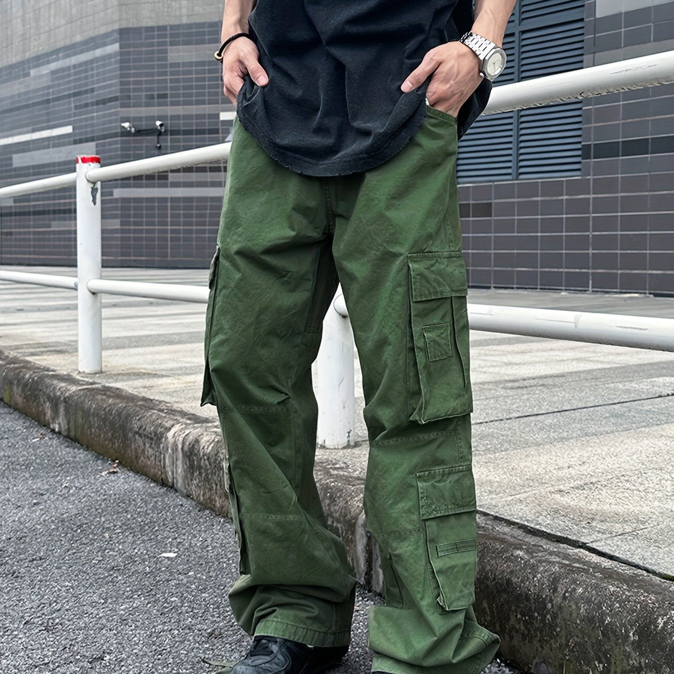 Cotton Solid Multi Flap Pockets Men's Straight Leg Cargo Baggy Pants, Loose Casual Outdoor Pants, Men's Work Pants For Hiking Fishing Angling - Snug & Style