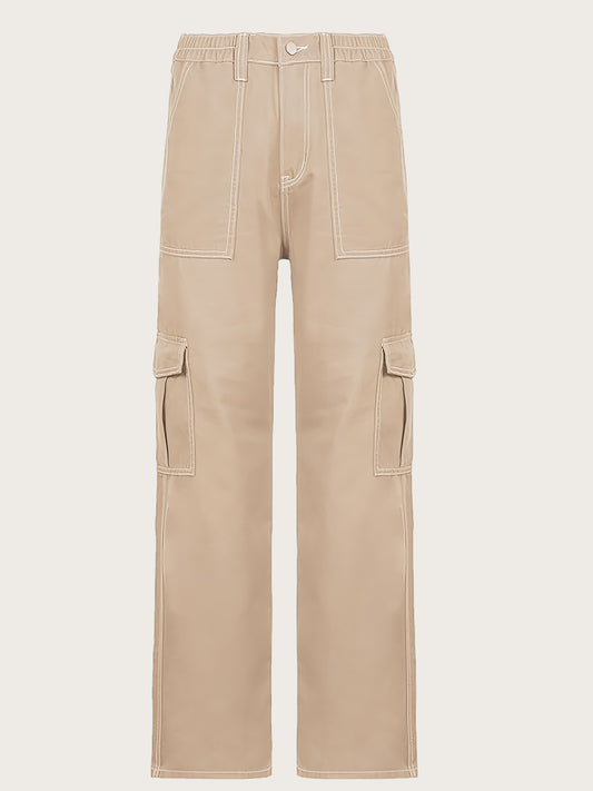 Y2K Vintage & Kpop Bootcut Cargo Pants for Women - All-Season, Cotton Blend, Street Style with Square Pockets & Washed Detail Khaki - Snug & Style