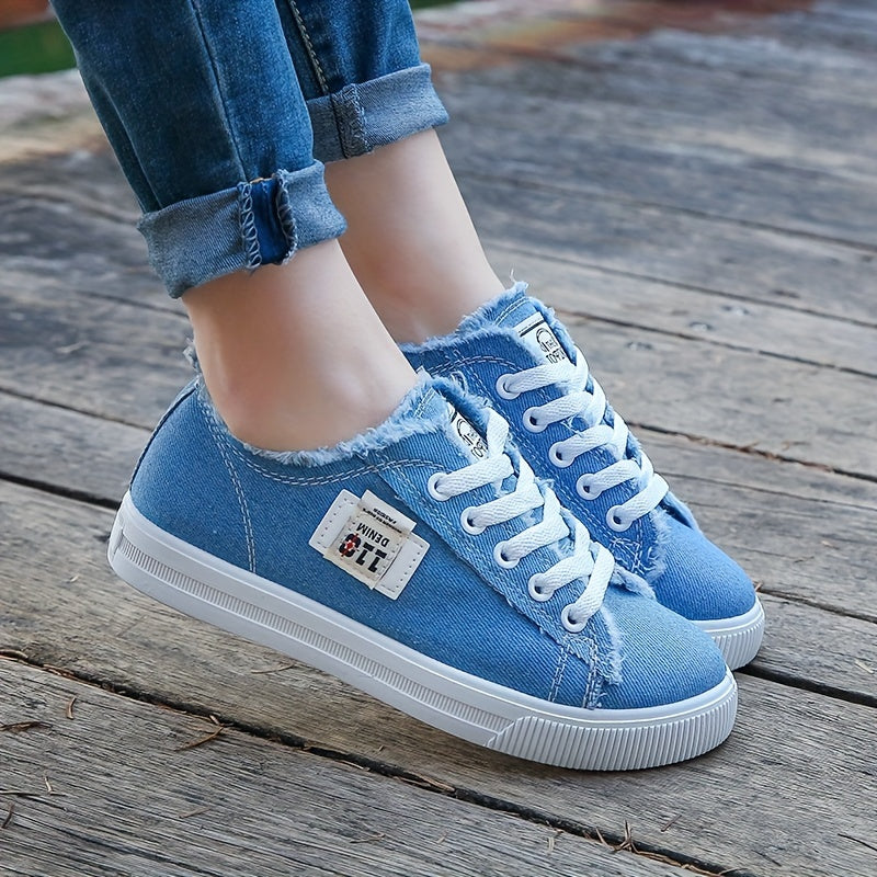 Women's Classic Canvas Flat Shoes, Solid Color Lace Up Low-top Casual Shoes, Women's Comfy Footwear - Snug & Style