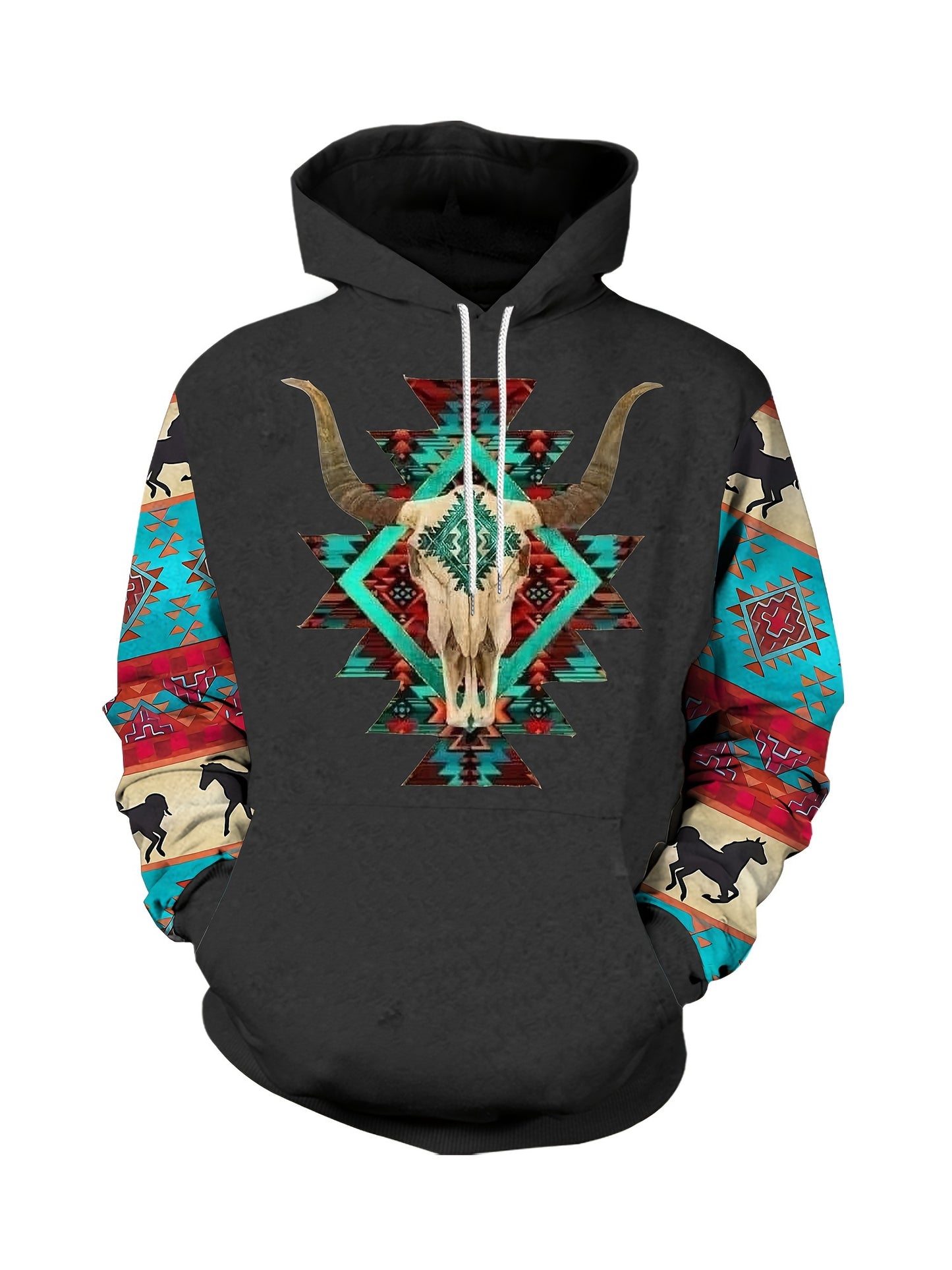 Plus Size Mens Fashion Hoodie with Bold Ethnic Prints & Intricate Bull Skull Design - Warm, Stylish Sweatshirt for Fall Winter - Comfortable Mens Apparel - Snug & Style