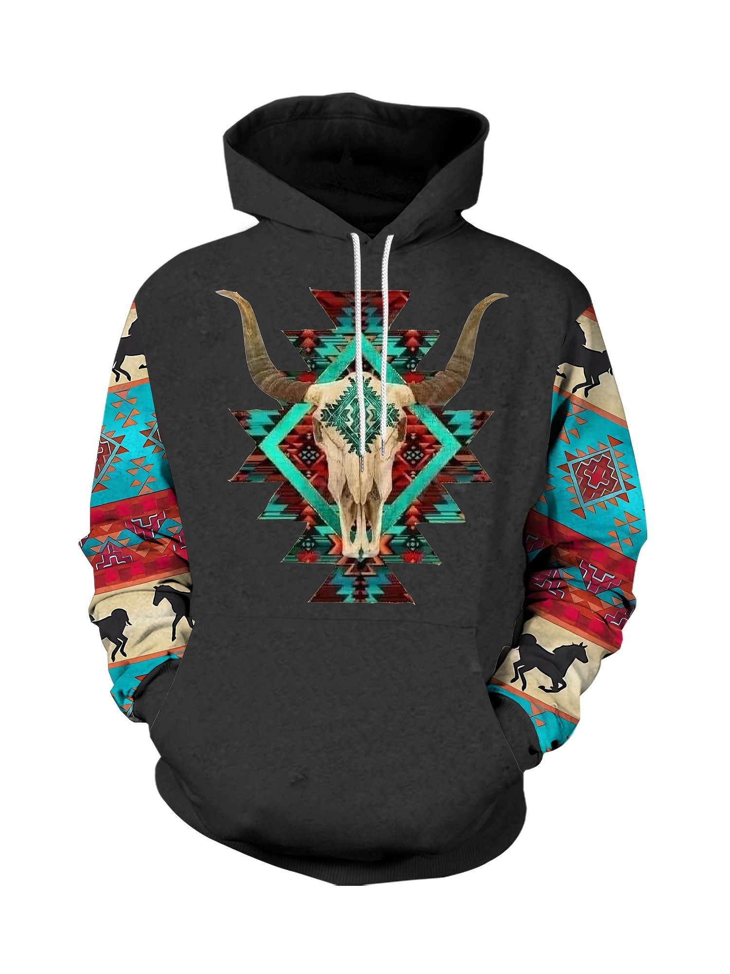 Plus Size Mens Fashion Hoodie with Bold Ethnic Prints & Intricate Bull Skull Design - Warm, Stylish Sweatshirt for Fall Winter - Comfortable Mens Apparel - Snug & Style