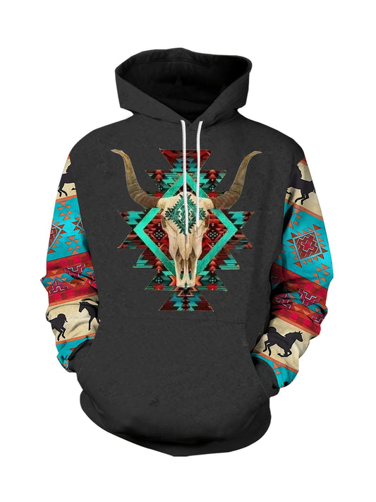 Plus Size Mens Fashion Hoodie with Bold Ethnic Prints & Intricate Bull Skull Design - Warm, Stylish Sweatshirt for Fall Winter - Comfortable Mens Apparel - Snug & Style