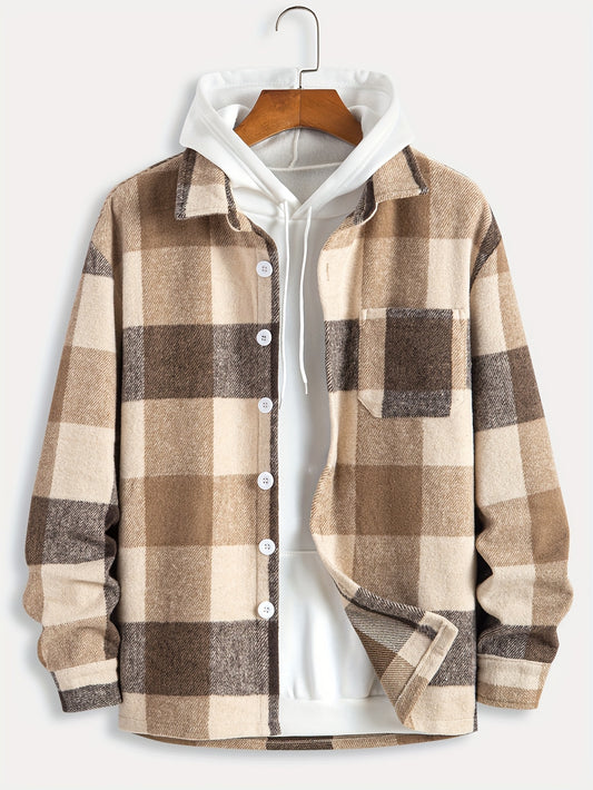 Mens Fashion-Forward Checkered Fleece Jacket - Cozy, Casual & Convenient with Pockets, Long Sleeve Button-Up Design for Outdoor Exploration - Snug & Style