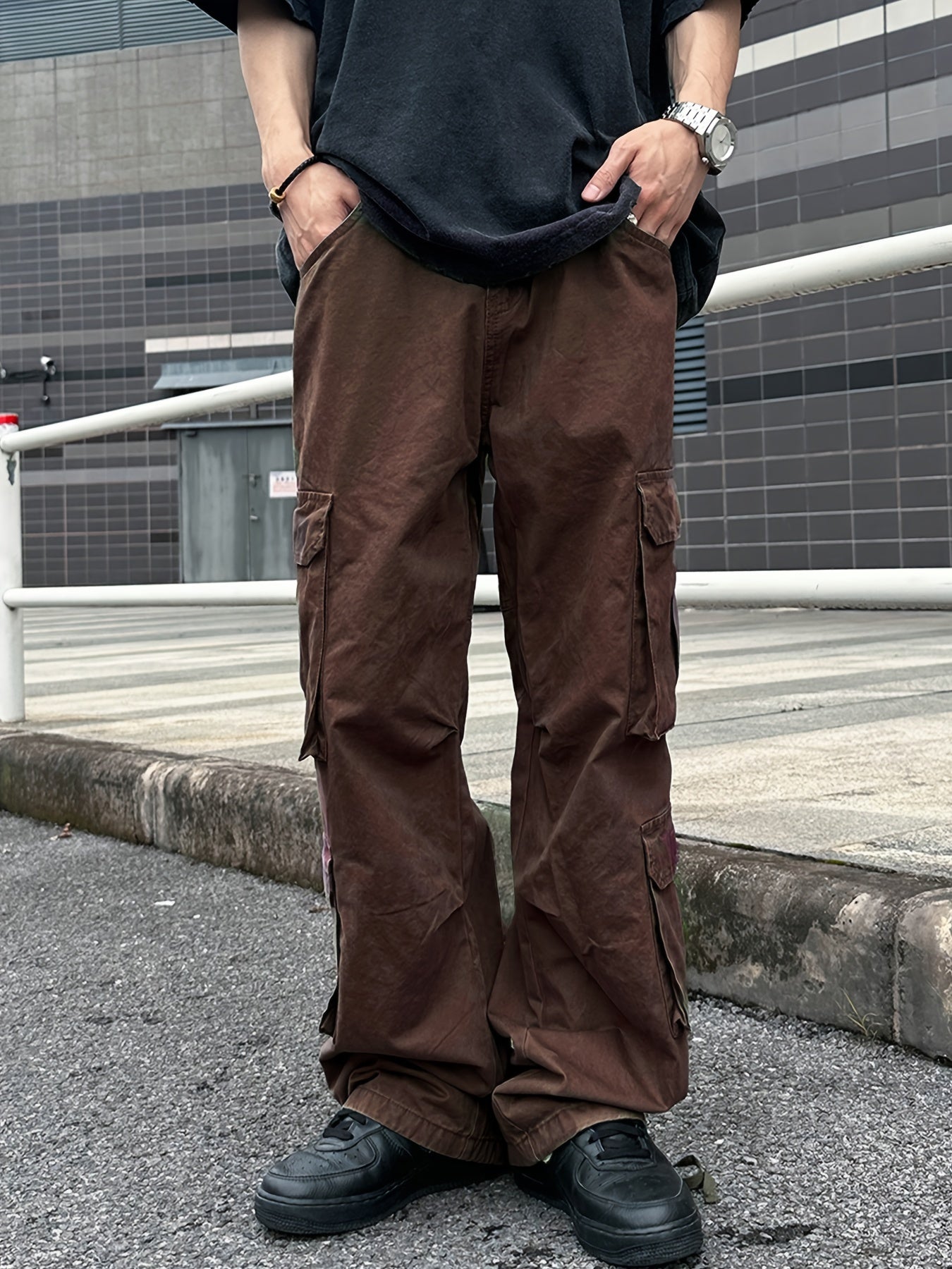 Cotton Solid Multi Flap Pockets Men's Straight Leg Cargo Baggy Pants, Loose Casual Outdoor Pants, Men's Work Pants For Hiking Fishing Angling - Snug & Style
