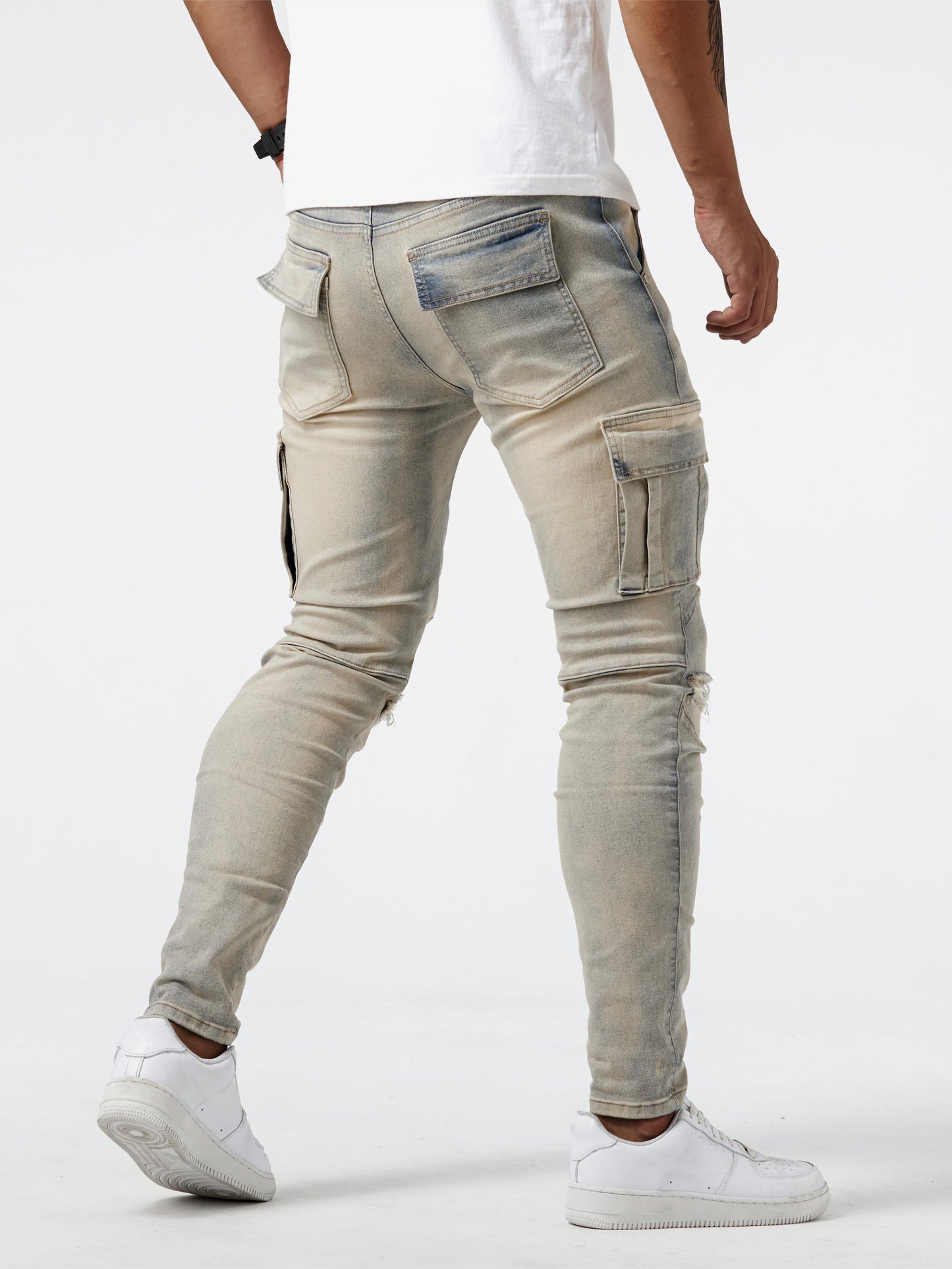 Slim Fit Cargo Jeans, Men's Casual Street Style Multi Pocket High Stretch Denim Pants For Spring Summer - Snug & Style