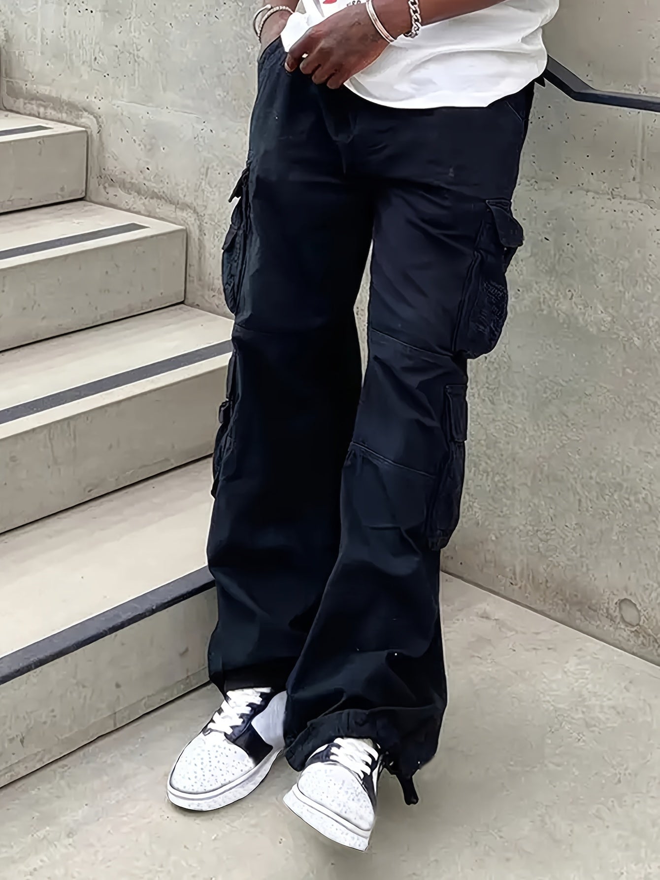 Cotton Solid Multi Flap Pockets Men's Straight Leg Cargo Baggy Pants, Loose Casual Outdoor Pants, Men's Work Pants For Hiking Fishing Angling - Snug & Style