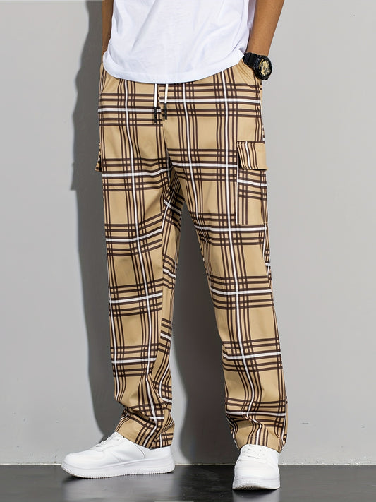 Mens Fashion-Forward Vintage Plaid Cargo Pants - Comfortable Loose Fit with Multiple Flap Pockets, Ideal for Outdoor Adventures, Work, and Streetwear Hip Hop Style - Snug & Style