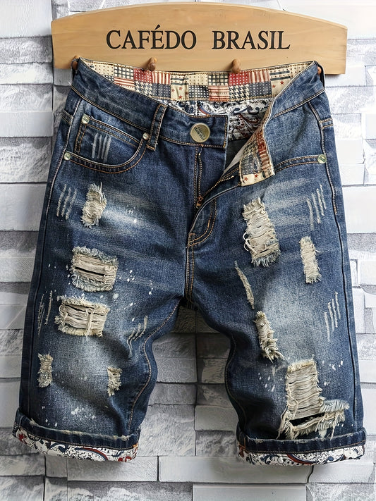 Mens Fashion-Forward Ripped Denim Shorts - Comfortably Loose Fit, Timeless Solid Hue with Trendy Distressed Details, Packed with Practical Pockets, Super Breathable for Summer Outdoor Adventures - Snug & Style