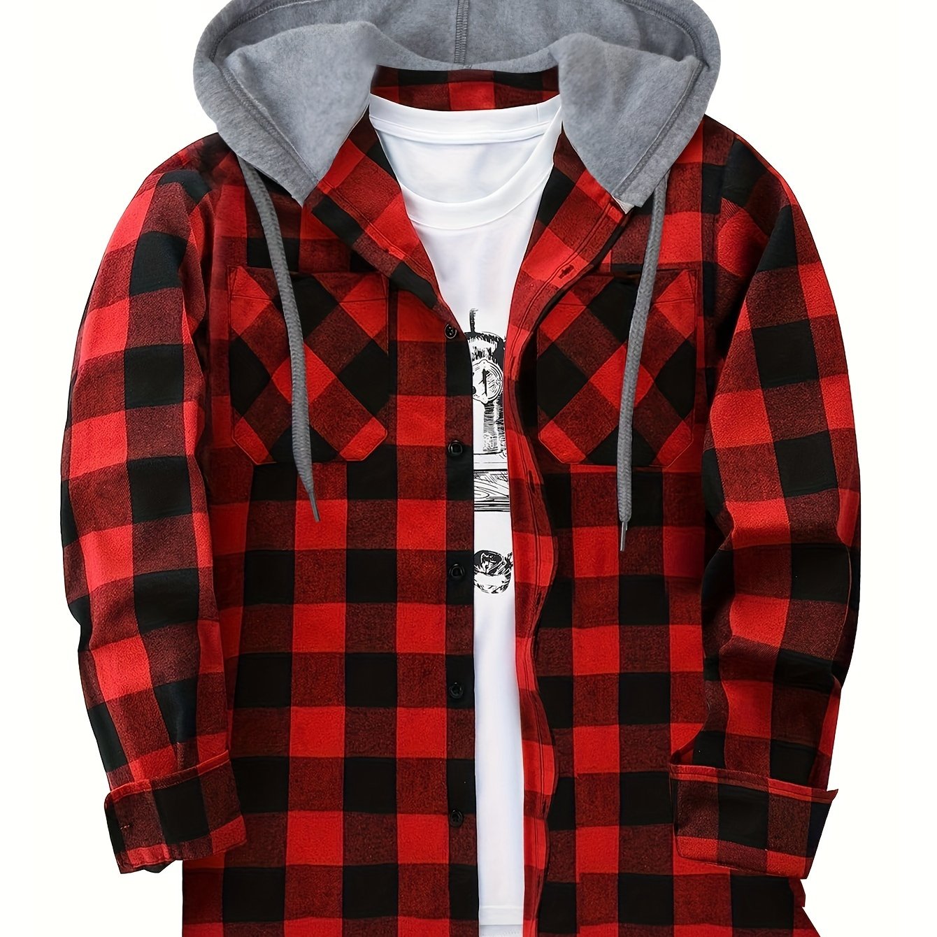 Long Sleeve Casual Regular Fit Button Up Hooded Shirts Jacket, Plaid Shirt Coat For Men - Snug & Style