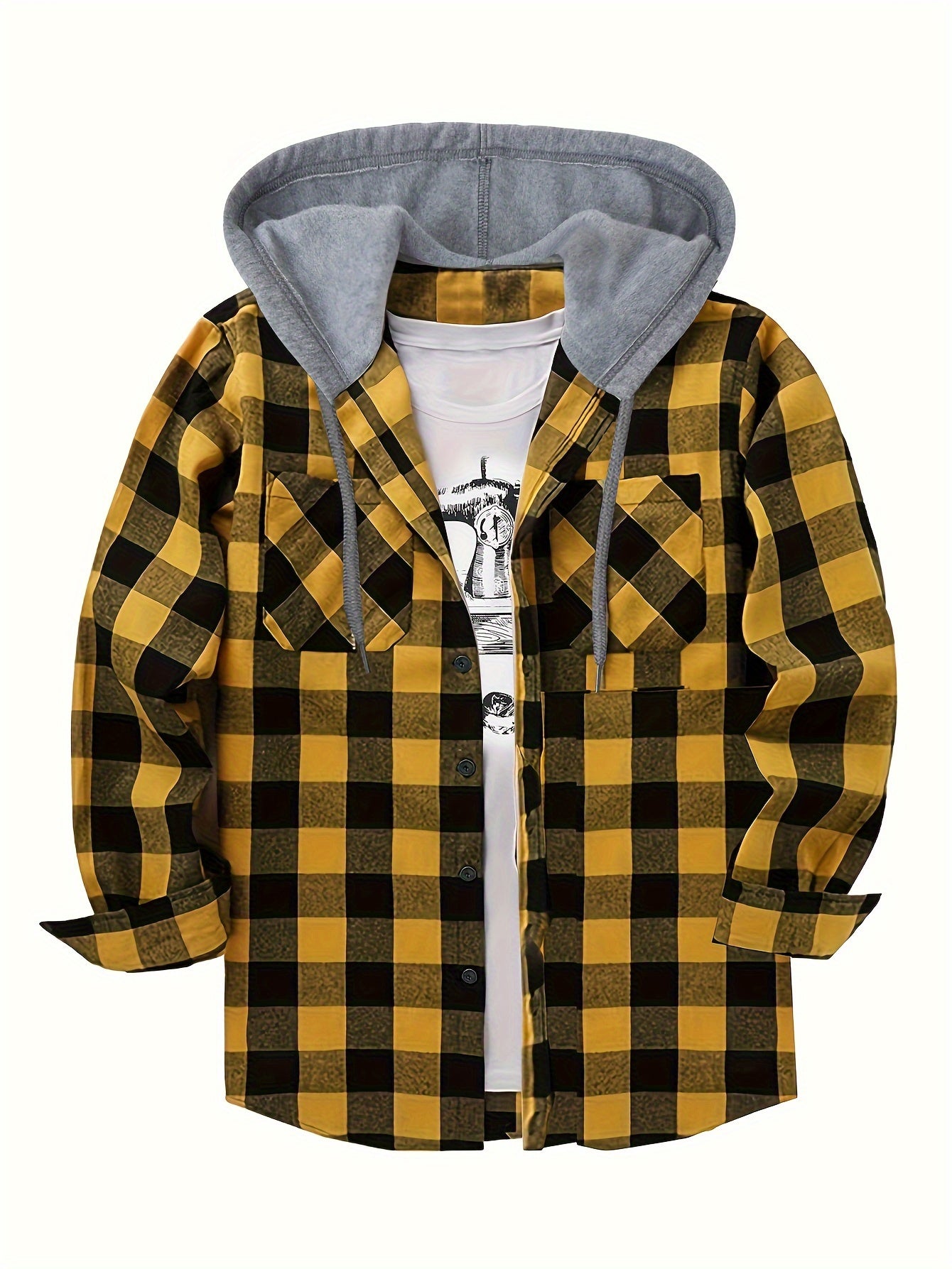 Long Sleeve Casual Regular Fit Button Up Hooded Shirts Jacket, Plaid Shirt Coat For Men - Snug & Style