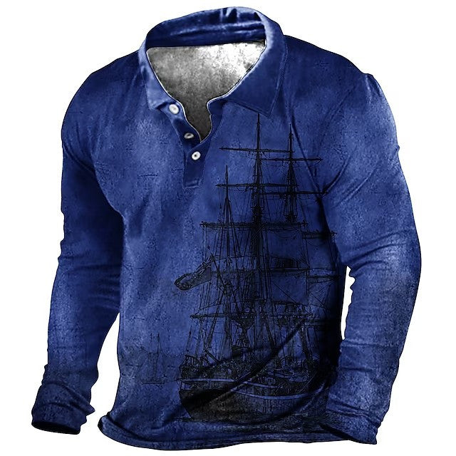 Plus Size Mens Fashion 3D Sailboat Print Lapel Shirt - Oversized Long Sleeve Golf Inspired - Premium Comfort for Spring/Autumn Wear - Trendy Casual Clothing for Males - Snug & Style