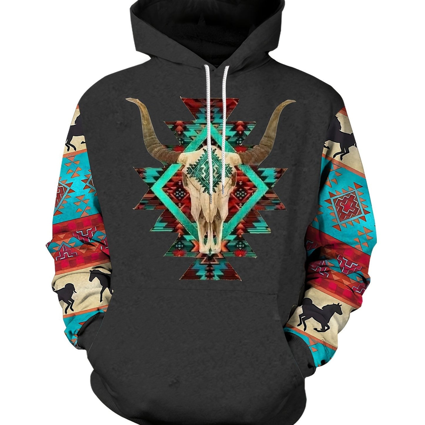 Plus Size Mens Fashion Hoodie with Bold Ethnic Prints & Intricate Bull Skull Design - Warm, Stylish Sweatshirt for Fall Winter - Comfortable Mens Apparel - Snug & Style