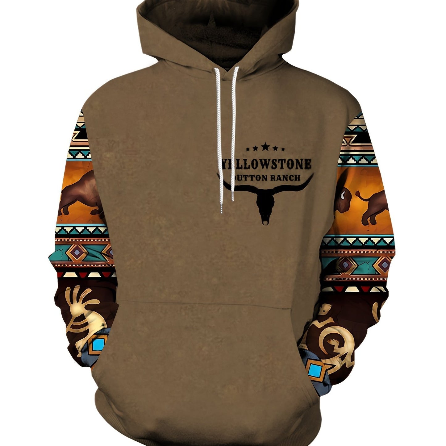 Plus Size Mens Fashion Hoodie with Bold Ethnic Prints & Intricate Bull Skull Design - Warm, Stylish Sweatshirt for Fall Winter - Comfortable Mens Apparel - Snug & Style