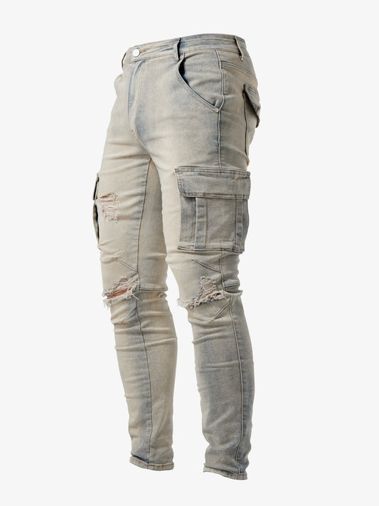 Slim Fit Cargo Jeans, Men's Casual Street Style Multi Pocket High Stretch Denim Pants For Spring Summer - Snug & Style