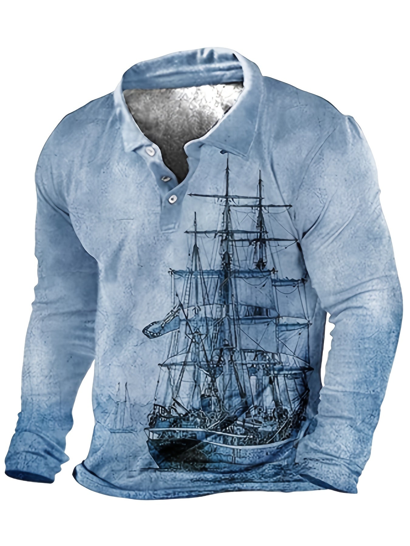Plus Size Mens Fashion 3D Sailboat Print Lapel Shirt - Oversized Long Sleeve Golf Inspired - Premium Comfort for Spring/Autumn Wear - Trendy Casual Clothing for Males - Snug & Style